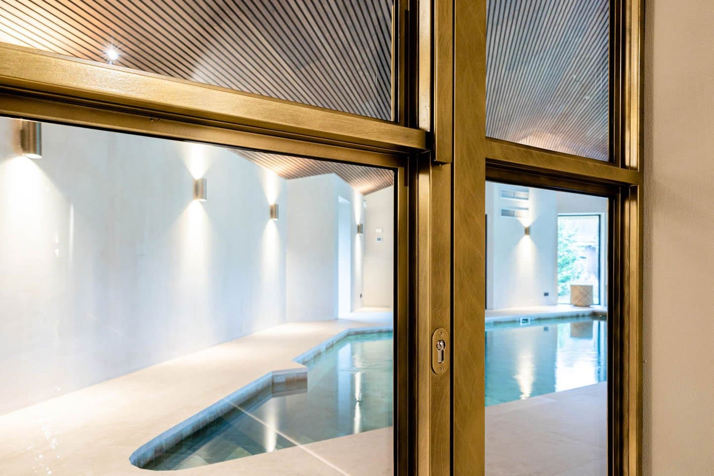 a steel door with clear glass leading to a private indoor pool