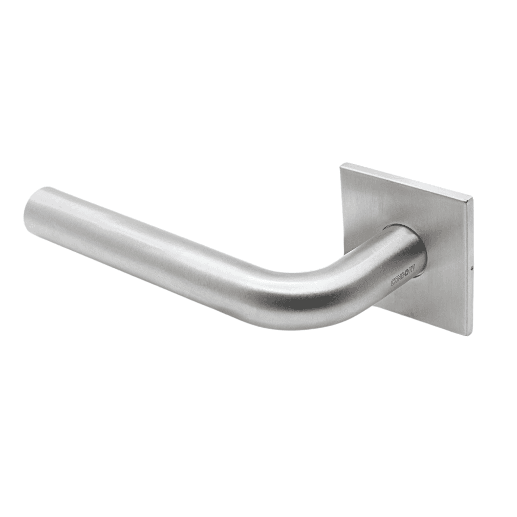 Markham lever handle in satin stainless steel finish and square rose